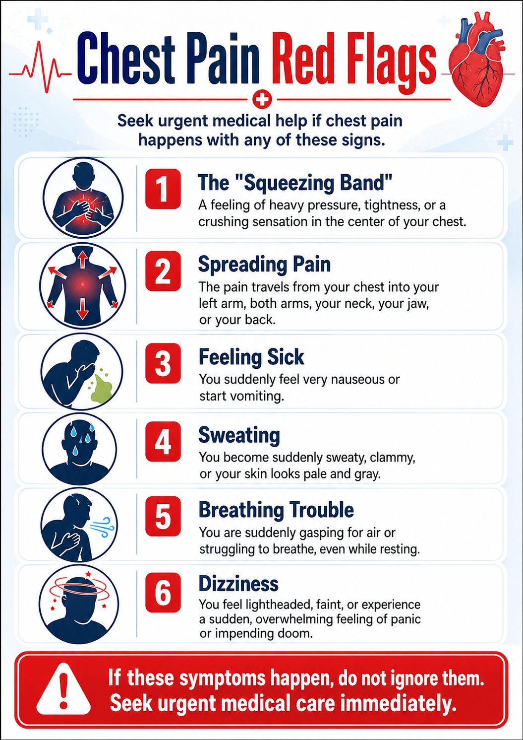 Chest pain red flags infographic showing urgent symptoms such as squeezing chest pressure, spreading pain, nausea, sweating, breathing trouble, and dizziness