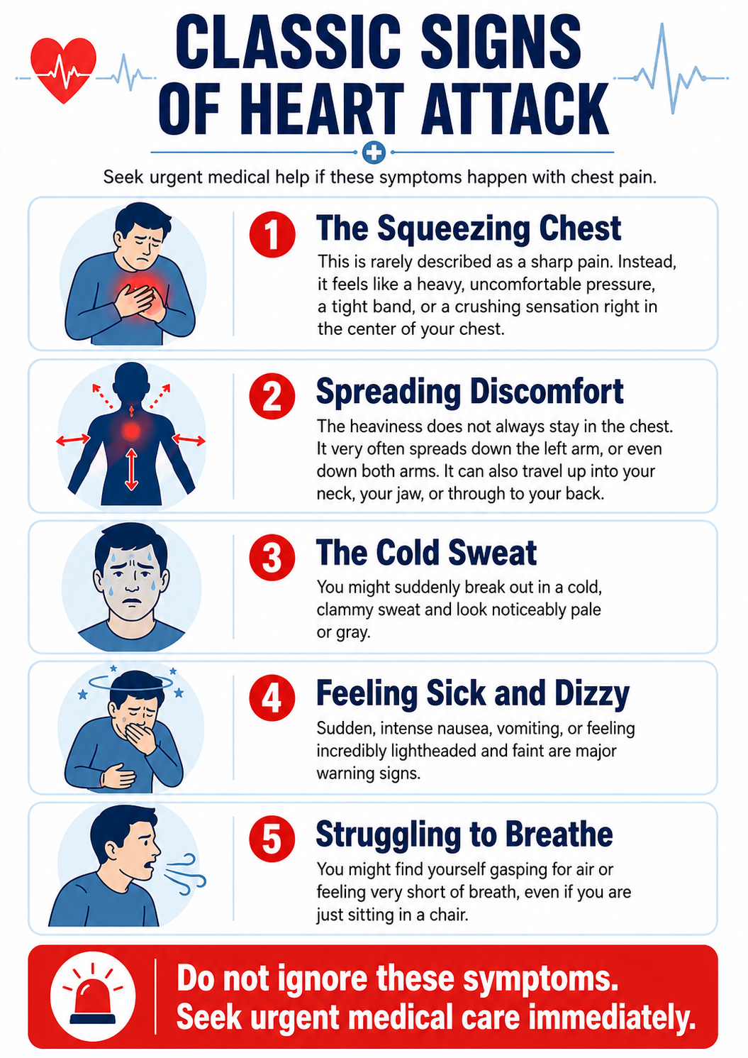 Infographic showing classic signs of heart attack, including squeezing chest pressure, spreading discomfort, cold sweat, feeling sick or dizzy, and struggling to breathe